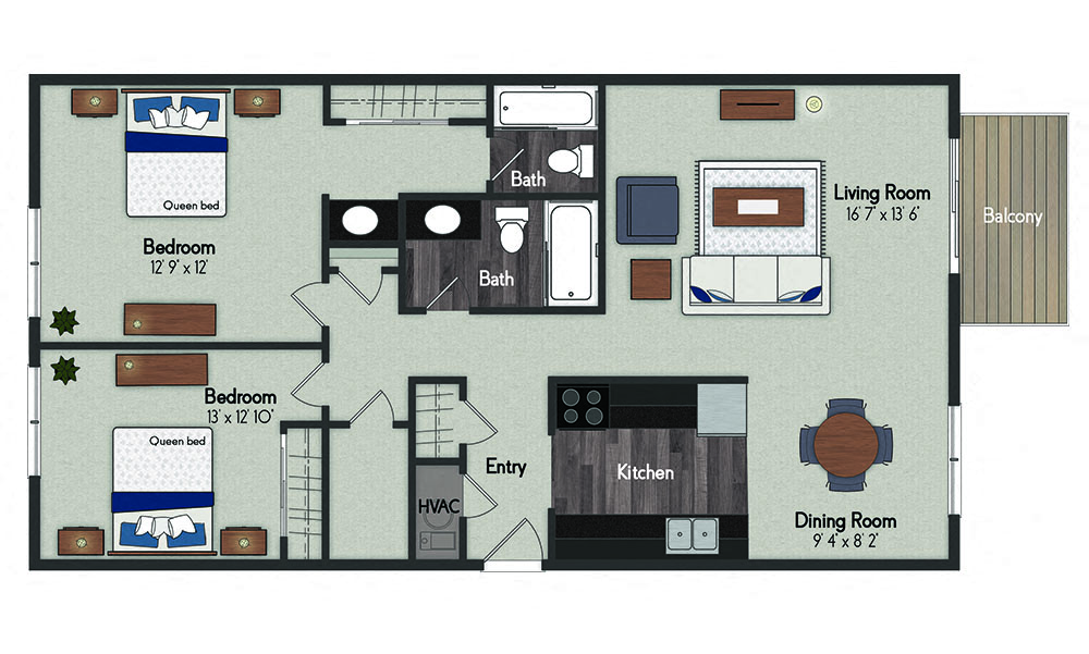 Floor plan for 2 beds, 2 baths, 1012 sqft